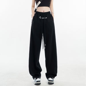 กางเกงกีฬาสีดำหลวมๆ สไตล์อเมริกันย้อนยุคสำหรับผู้หญิง กางเกงขายาวทรงตรงลำลองสำหรับเต้นแจ๊สในฤดูใบไม้ผลิและฤดูใบไม้ร่วง