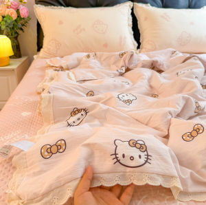 susan | Cute Lace Hello Kitty Summer Quilt Set Breathable Wrinkled Fabric Machine Washable