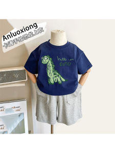 Hand-Drawn Dinosaur Pure Cotton Loose Fit Short Sleeve Childrens T-Shirt Baby Versatile Cute Summer Top Breathable Soft round Neck