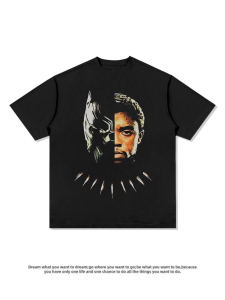 Summer Marvel Hero Black Panther Commemorative Short Sleeve American Retro Street round Neck Digital Spray Printed Pure Cotton Mens T-shirt