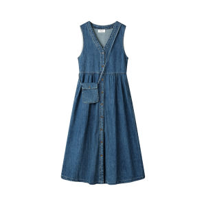XinmonLee Hong Kong Style Simple V-neck Sleeveless Denim Vest Dress Long A-line Skirt Womens Clothing Commute Korean Version