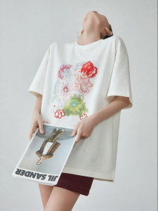 XIAODADEHUA | White Embroidered Beaded Round Neck Short Sleeve T-Shirt Casual Loose Mid-Length