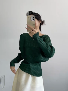 KESHANGYI Pleated Long Sleeve T-Shirt Women Slimming Crew Neck Solid Color Elegant Design Top7001