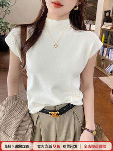 Early Autumn Short Sleeve Knitted Base Shirt Womens Inner Wear 2025 New White T-Shirt Half High Collar Slim Fit Small Flying Sleeve Top