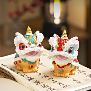 Creative Lion Dance Figurine Decorative Artwork Resin Handmade Craft Desktop Tea Table Decoration Birthday Gift Wish Fulfillment