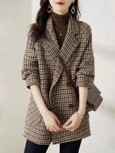 Fashionable Graceful Notch Collar Houndstooth Wool Coat