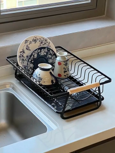 LivinEase Stainless Steel 304 Dish Rack - Dual Wood Handle & Removable Tray Modern Space Saving Kitchen Organizer
