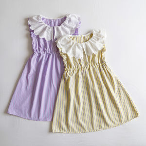 Daily Order 120-160 Japanese Style Girl Ruffled Collar Dress Princess Flying Sleeve Skirt Girls Summer Stripes Skirt