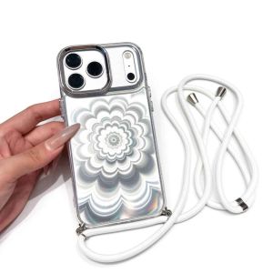 Holographic Gradient Flower Crossbody Lanyard Phone Case For iPhone 18 Pro Max 17 16 15 14 Electroplated Camera Frame Shockproof Clear Soft TPU Protective Cover For Women Girls