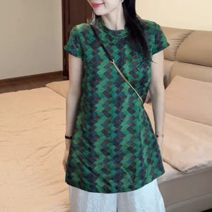 Shalldoer | Retro Chinese Style Womens Short Sleeve T-Shirt Loose Fit Summer New Plus Size Plaid Split Casual Round Neck Top