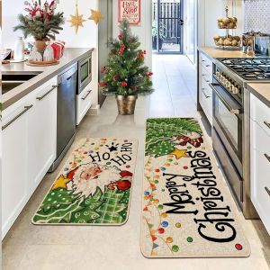 VIKAMA 2-Piece Christmas Festival Rug Set Kitchen Mat Combo Entrance Hall Doormat Stain-Resistant and Easy-Care Home Decor