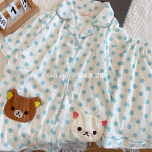 Summer Lightweight Polka Dot Bear Sleepwear Womens Soft Cotton Gauze Short Sleeve Short Pants Home Clothes Set Sweet Cute