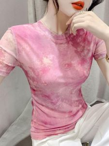Summer Short Sleeve T-Shirt Womens Printed Mesh Slim Fit Fashionable Versatile Base Layer Shirt Top Street Style Creative Pattern