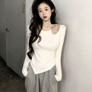 Unique Asymmetric Hollow out Shoulder Long Sleeve T Shirt Women Stylish Base Layer Top Early Spring New Design Spicy Girl