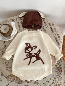 Baby Cartoon Deer Long Sleeve Knitted Harie Set Newborn Outfit Baby Autumn Overalls Butt Wrap Clothes Korean Style Cotton