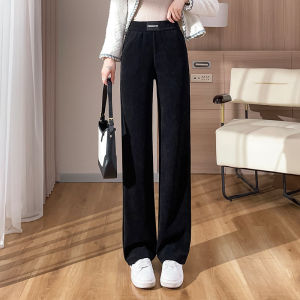 plus Size Womens Fleece Lined Wide Leg Pants Pear Shape Thick Thighs High Waist Long Trousers Korean Style Commute Pants