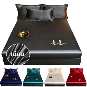 High-end ซาตินแผ่นติดตั้งแถบยืดหยุ่นสีทึบ Silky ผ้าปูที่นอนเรียบลื่นที่นอนผ้าคลุมเตียงผ้าปูที่นอน