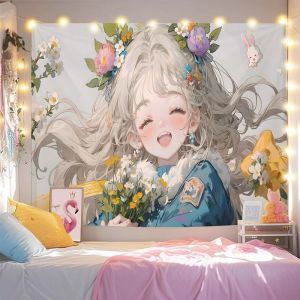 VIKAMA Vòng Hoa Cô Gái & Thỏ Trắng Anime Tấm Thảm Treo Tường Hoa Tươi Trang Trí Cho Phòng Ngủ Phòng Khách Ký Túc Xá Trang Trí Nhà