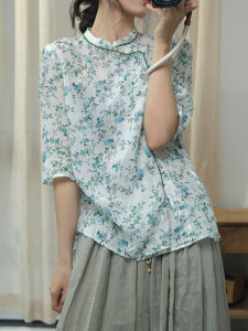 Loose Fit Floral Print Linen Shirt Summer New Style Retro Stand Collar Oversize Tunic Womens Button up Casual Shirt