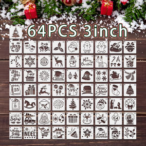 64PCS 3inch Christmas Stencil Set for DIY Crafts Mini Reusable Templates for Wood Wall Fabric and Card Painting Holiday Decor