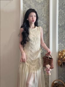 Váy Lưới Ren Kiểu Pháp Thanh Lịch Cho Nữ Mùa Xuân 2025 Váy Dài Không Tay Eo Cao Váy Chữ a Mềm Mại Vừa Phải