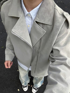 ZHUOCAN | Light Gray Large Collar Leather Jacket Autumn Menswear