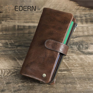 EDERN Retro Mens Wallet Genuine Leather Clutch Bag RFID Anti-theft Brush Long Wallet Cowhide Coin Purse Detachable Trifold Wallet Card Holder