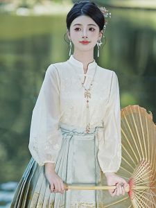 Elegant Long Sleeve Button up Shirt Chinese Style Embroidery Hanfu Matched Top for Autumn New Arrival Womens Fashion Clothing