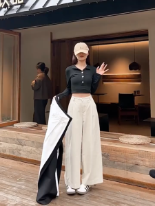 Women Plus size Loose Straight-leg Trousers Slimming High Waist Wide Leg Pants