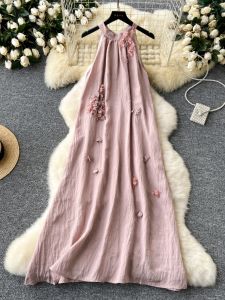 Váy Không Tay Cổ Treo Cho Nữ Mùa Hè 2024 Váy Chữ a Cạp Cao Dáng Chữ a Dài Không Tay Hoa Họa Tiết Hoa Dáng Rộng