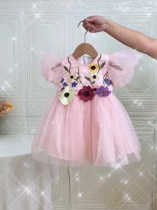 Summer Flower Party Baby Girl Dress Toddler Embroidery Tulle 1st Birthday Princess Prom Dresses Baby Bow Baptism Wedding Costume