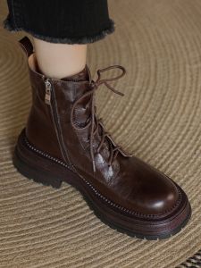 Retro Style Martin Boots Womens Short Boot Thick Bottom Side Zipper Lace-Up Sheepskin Brown Fall Winter Fashion Boots