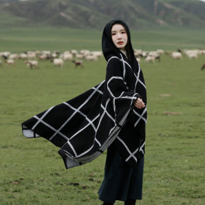 New 2025 Warm Hooded Shawl Travel Ladies Scarf Desert Outerwear Photography Pashmina Bohemian Plaid Pattern One Size Fits All