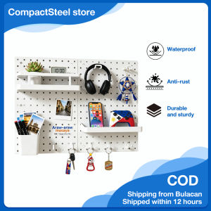 CompactSteel​​ store No Drill Kitchen Pegboard Organizer Wall Mounted Storage Rack Multi Function Shelf with Hooks Space Saving Kitchen Organizer Rack Black White