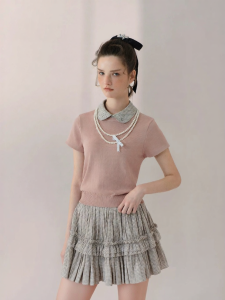 AIVEI | Youthful Preppy Color-blocked Peter Pan Collar Short Sleeve Knit Top