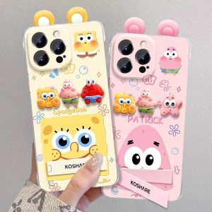 Mrhaha Ốp cho iPhone 15 Promax 15Pro 15 cộng với iPhone 16 15 14 13 12 11 Pro Max 3D hoạt hình dễ thương SpongeBob Squarepants đơn giản trong suốt siêu mỏng vỏ điện thoại với khung bảo vệ Silicone chống sốc lưng mềm Bìa