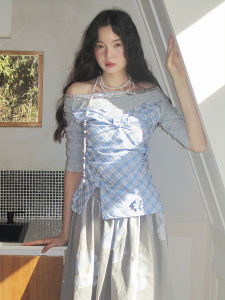 Original Design French Blue Grey Plaid Mid-Sleeve Knitted Top Fake Two-Piece Ensemble round Neck Regular Length Polyester Fiber