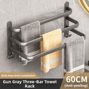 Wall-Mount Drill-Free Black Aluminum Bathroom Towel Rack