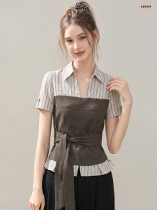 KBVVR | Two-piece Stripe Short-sleeved Brown Slim-fit Summer Blouse