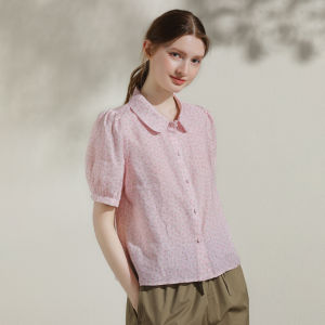 Miccbeirn | Miccbeirn Pure Linen Floral Short Sleeve Shirt Sweet Girl Feel Bubble Sleeve Anti-Aging Lady Top Simple Commute Style Regular Fit