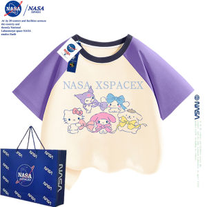 NASA Hợp Tác Nguyên Chất Cotton Áo Thun Nữ Tay Ngắn Cho Bé Gái Với Khối Màu Tay Áo Meowth Chính Thức Hoạt Hình in Hình Trẻ Em Bộ