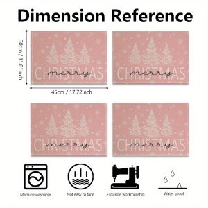 VIKAMA 4PC Christmas Pink Snow Meal Mat White Snow Christmas Tree Dining Table Restaurant Christmas Party Decoration