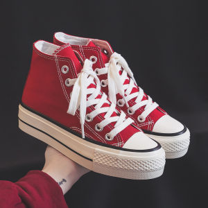 Red High-Top Thick-Heeled Canvas Shoes for Women Spring New Style Student Casual Loafers Korean Version Cross-Band Design