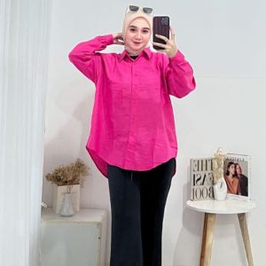 Blouse Linen Rami Jumbo Oversize LD 120 Atasan Wanita Blus Polos Lengan Panjang Korean Style Kerah Kemeja Blouse Viral Kekinian