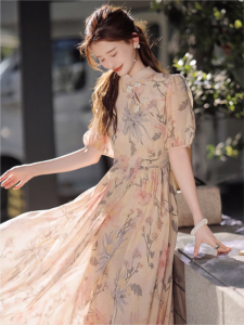 Elegant New Chinese Style Long Dress Young Womens Version Improved Cheongsam Floral Print U-Neck High Waist Midi Skirt