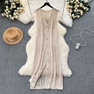 Korean Style Wear Knitting Cardigan Outwear Womens Stylish Crocheted Hollow Retro Fashionable All-Matching Long Vest Top