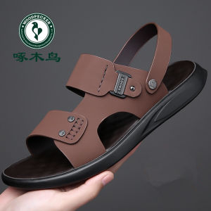 Summer New Mens Woodpecker Sandals Genuine Leather Casual Anti-slip Soft Bottom Beach Shoes Dual-use Slip-On Slippers