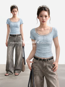 BAIDAIFEI | Blue Polka Dots Illusion Two Pieces Straight Shoulder Short Sleeve Slim Fit Crop T-Shirt
