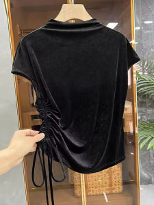 Velvet Womens Top Short Sleeve Half High Collar Drawstring Pleated Waist-Cinching Black Base Layer Shirt Summer New Style