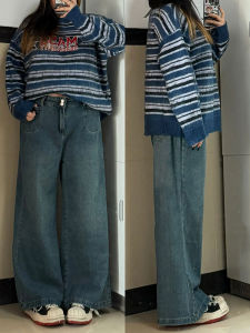 plus Size Womens Vintage Fleece Lined Straight Leg Jeans Autumn Winter Wide Leg Pants Slimming Effect for Heavy Girls